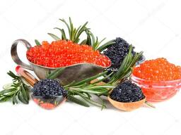 Морепродукты свежемороженые. Икра красная и черная.