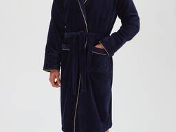 Мужской тёмно-синий махровый халат с золотым кантом