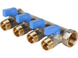 STOUT Коллектор с шаровыми кранами 3/4", 4 отвода 1/2" (синие ручки)